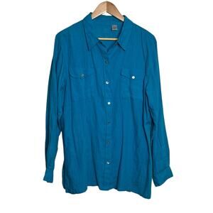 Chico's Size 2 (12-14) Turquoise 100% Linen Button Up Blouse Lino For
